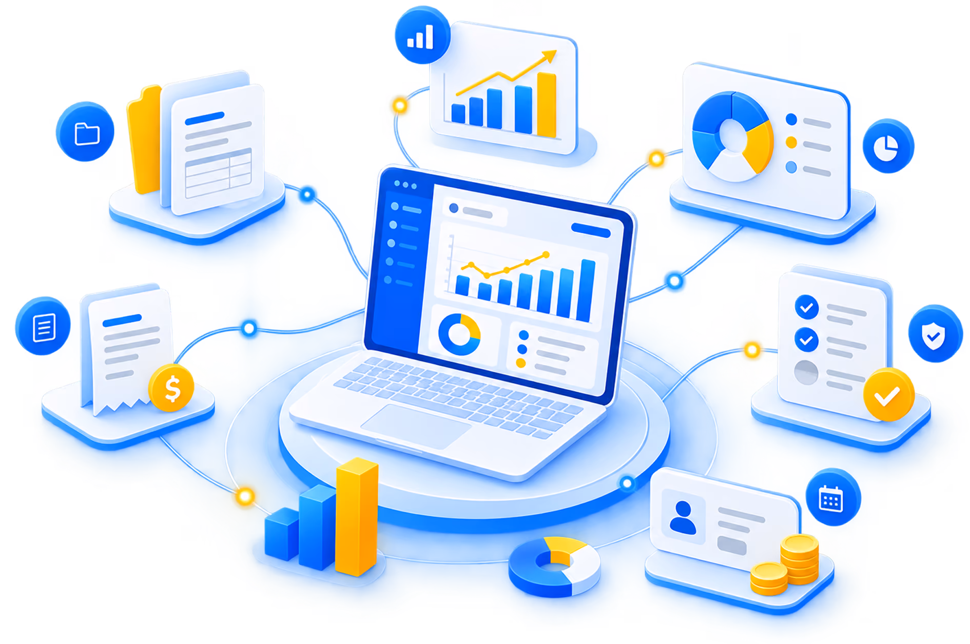 Digital marketing flowchart showing analytics, ad platforms, audience targeting, and growth metrics.