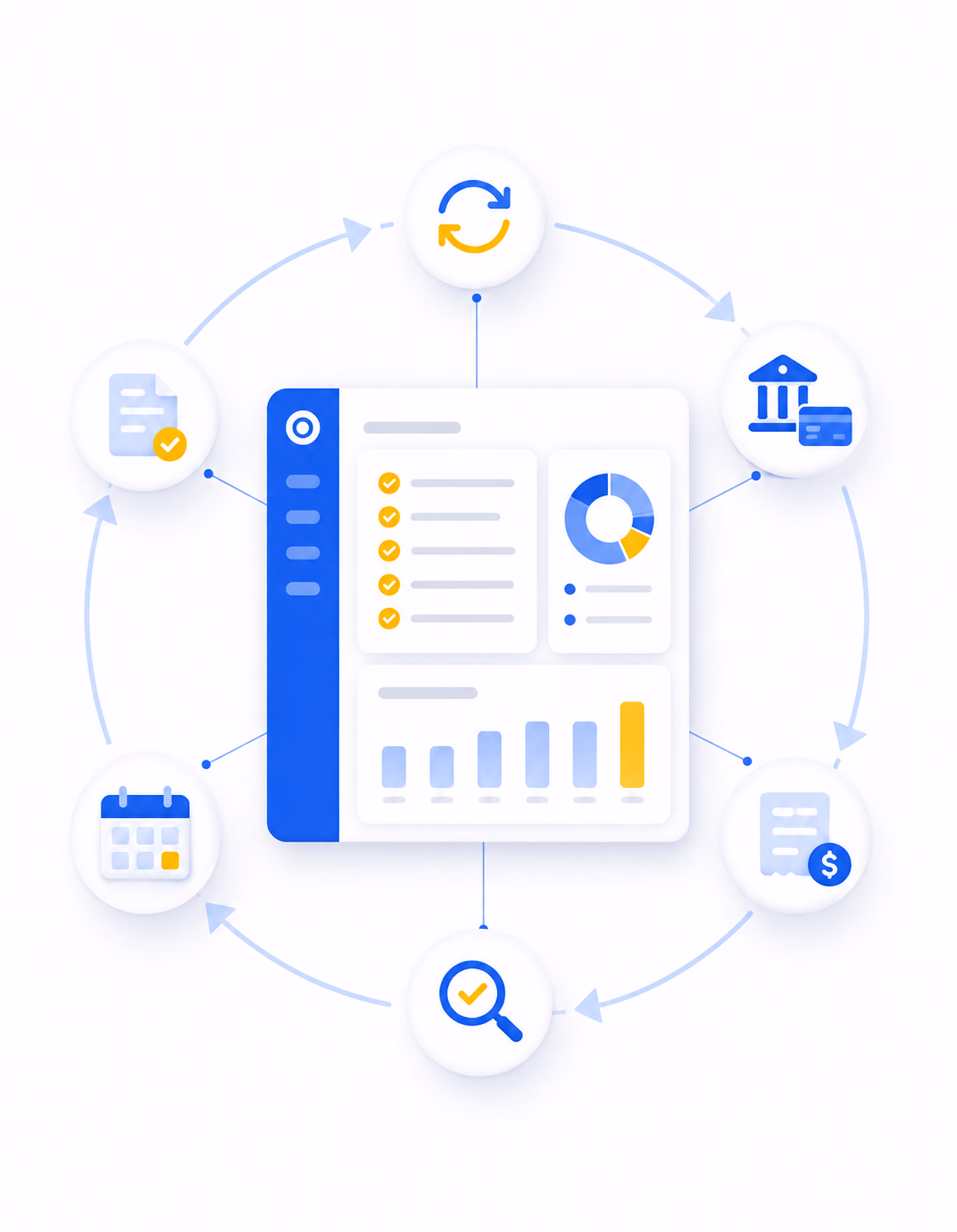 3D business icons with charts, target, legal scales, briefcase, medical symbols on a round platform.