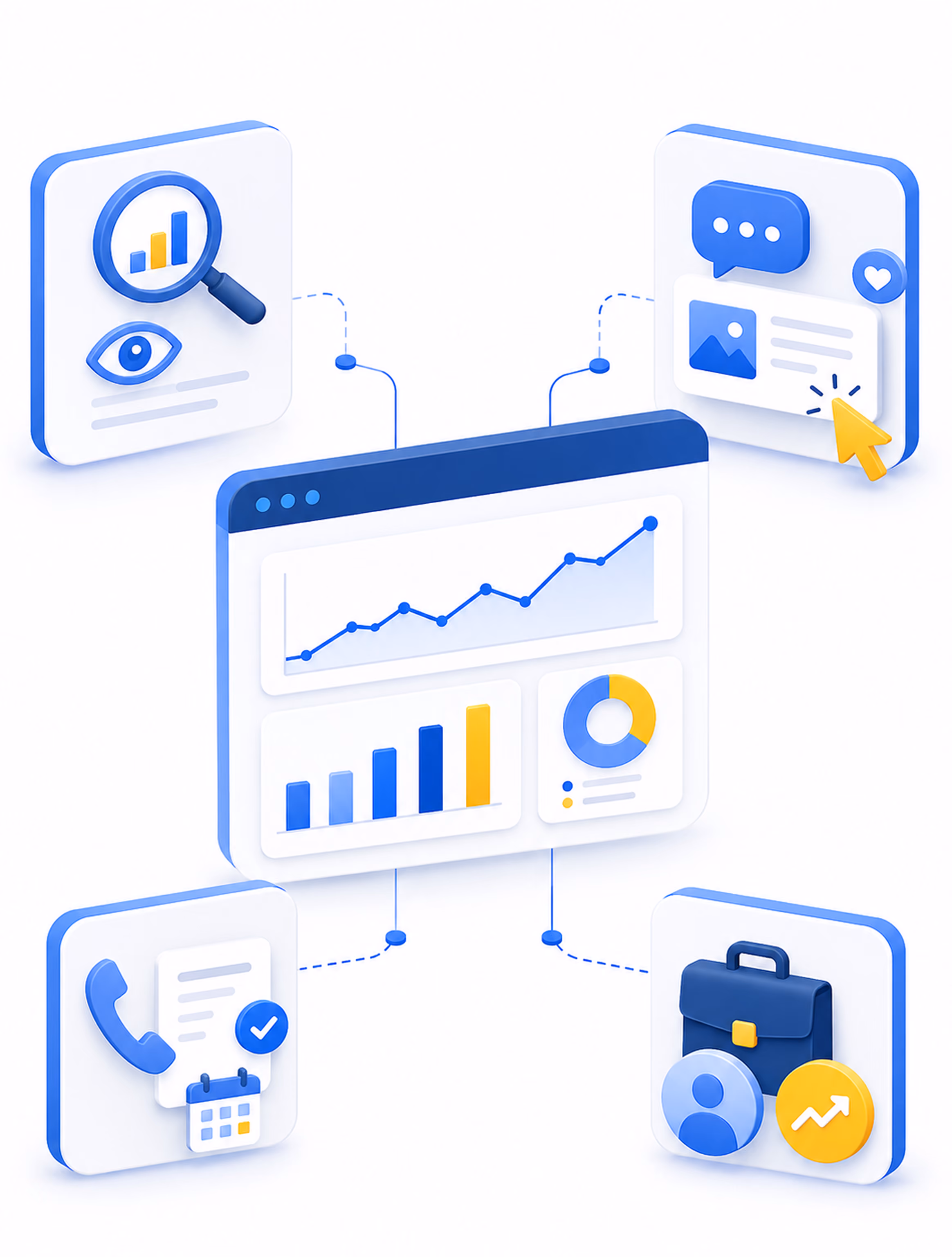 3D business icons with charts, target, legal scales, briefcase, medical symbols on a round platform.