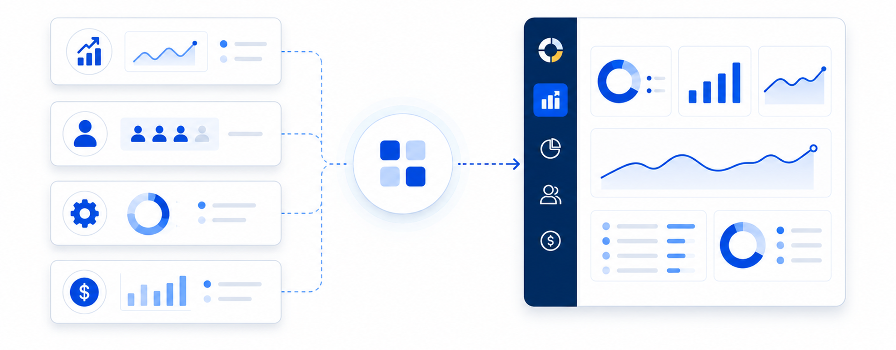 3D dashboard with charts, checklist, plant, and gear representing data analytics and management.