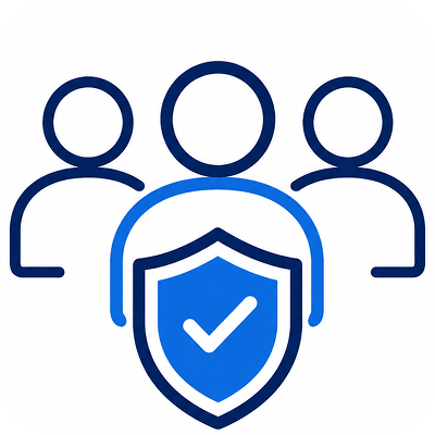 Three stylized person icons with a blue shield featuring a white checkmark in front, symbolizing an accountable team.