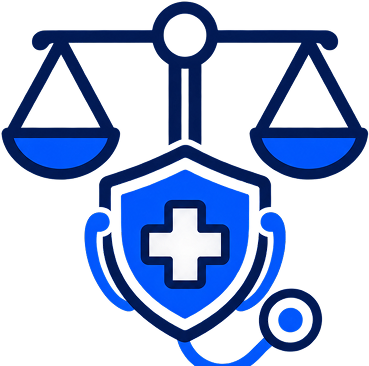Blue scales of justice icon with a shield featuring a white medical cross and a stethoscope, symbolizing legal and medical focus.