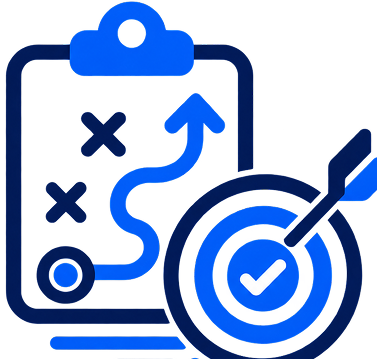 Blue clipboard showing a planned pathway with X and O marks next to a target with a checkmark and an arrow hitting the center, symbolizing strategy and execution.