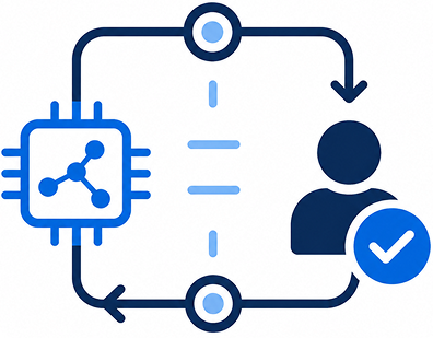 Graphic showing AI-enabled delivery process with an AI chip icon connected by arrows to a person icon with a checkmark symbol, indicating verification or approval.