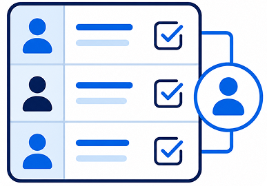 Graphic of a task list with three rows, each containing a user icon, two horizontal lines representing text, and a checked checkbox, connected to a larger user icon on the right.