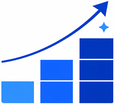 Three ascending blue bar blocks with a curved upward arrow above them pointing to the top right, symbolizing growth or progress.
