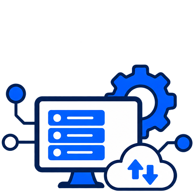 Blue-themed illustration showing a computer monitor with a list on the screen, a cloud with upload and download arrows in front, and a large gear in the background, symbolizing IT services or cloud computing.