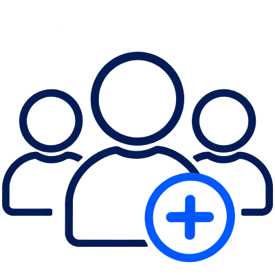 Icon of three outlined person figures with a blue plus symbol overlay indicating add or new user.