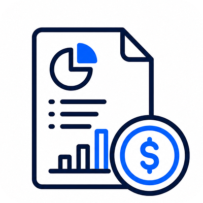 Icon of a document showing a pie chart, bullet points, and a bar graph with a dollar symbol coin overlapping the bottom right corner, representing financial data or report.