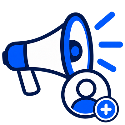 Blue and white megaphone icon with a user symbol and a plus sign, indicating adding a person to an announcement or promotion.