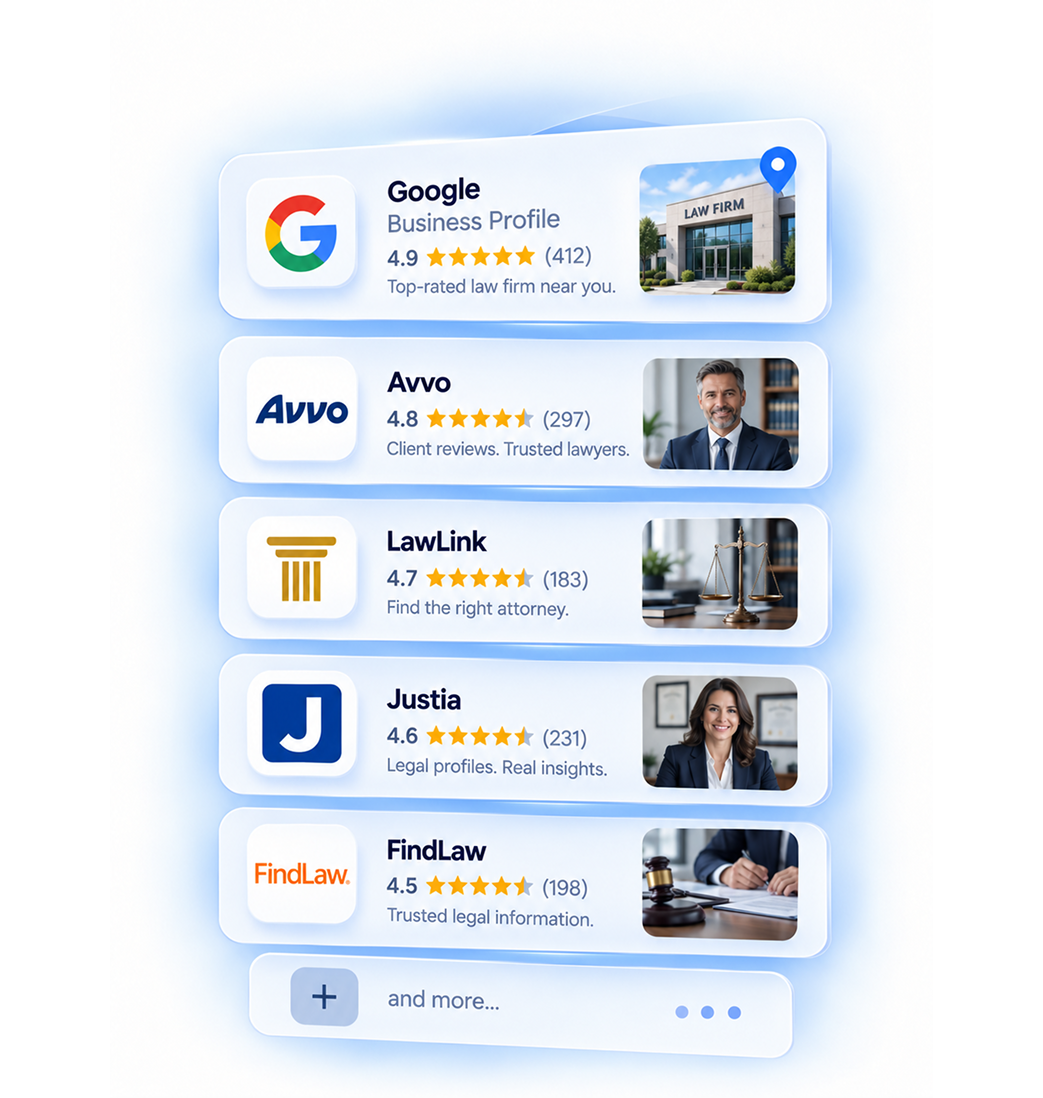 List of top-rated legal directory profiles with logos, star ratings, number of reviews, descriptions, and related images: Google Business Profile with 4.9 stars and law firm building, Avvo with 4.8 stars and smiling man in suit, LawLink with 4.7 stars and scales of justice, Justia with 4.6 stars and smiling woman, FindLaw with 4.5 stars and person signing document, followed by a button with a plus sign labeled 'and more...'.