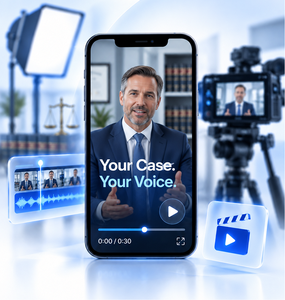 Smartphone screen showing a professional man in a suit speaking, with the words 'Your Case. Your Voice.' displayed, surrounded by video production icons, a camera on a tripod, and a studio light in a blurred office setting.