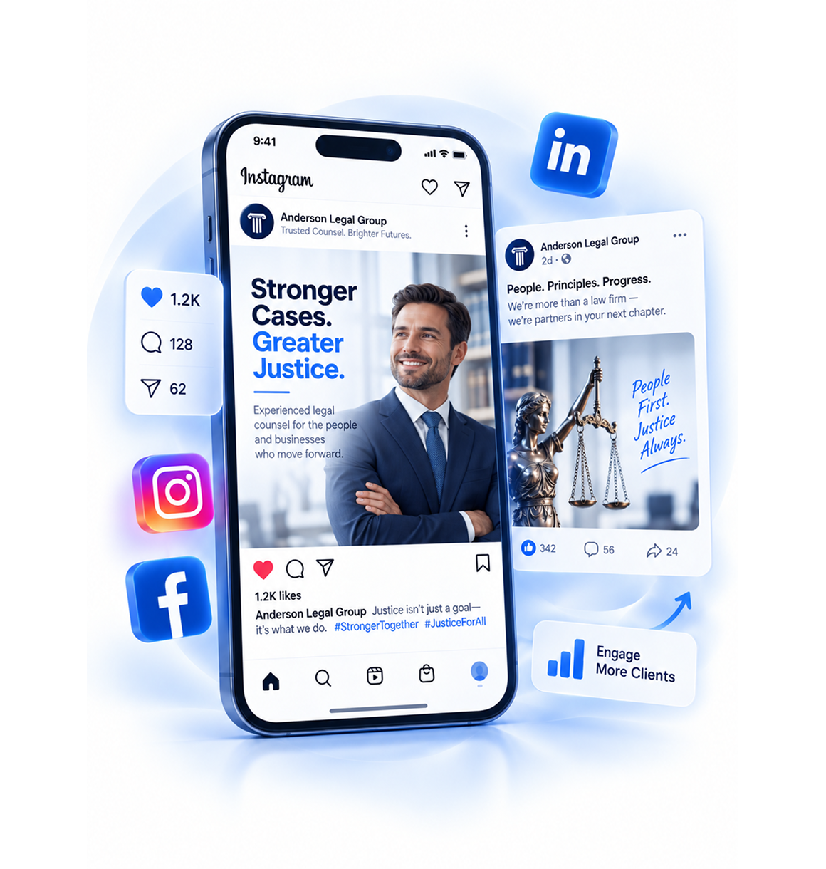 Instagram and LinkedIn social media posts by Anderson Legal Group showing a confident man in a suit with the text Stronger Cases. Greater Justice., and a statue of Lady Justice with the phrase People First. Justice Always., highlighting legal services and client engagement.