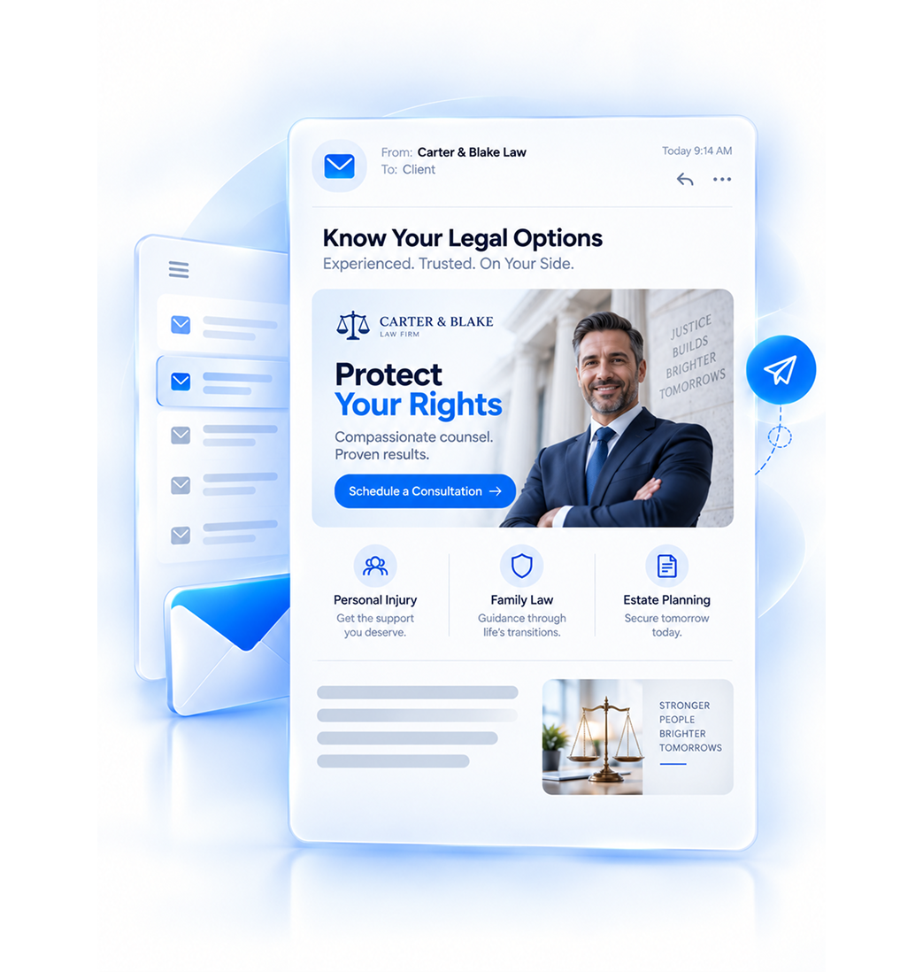 Email marketing template from Carter & Blake Law Firm showing a smiling lawyer in a suit with text promoting legal options and rights protection, including personal injury, family law, and estate planning services, with a blue button to schedule a consultation.