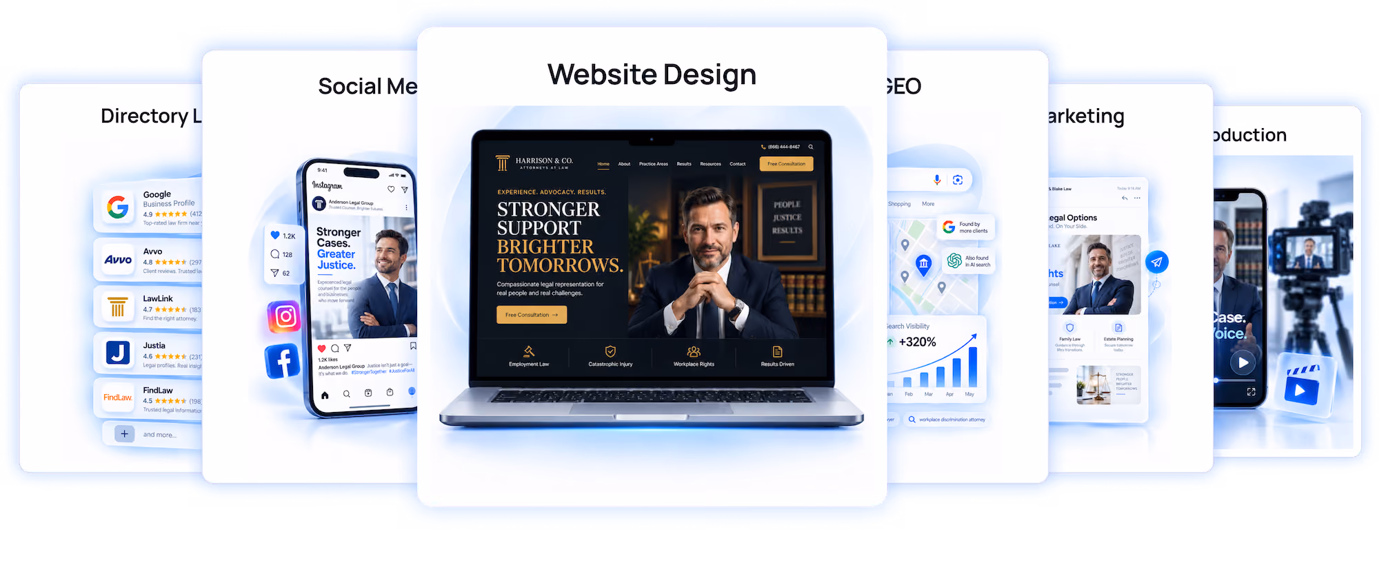 Carousel of digital marketing service cards with the center card titled Website Design showing a laptop screen featuring a law firm website with a man in a suit, text about stronger support and brighter tomorrows, and navigation links.