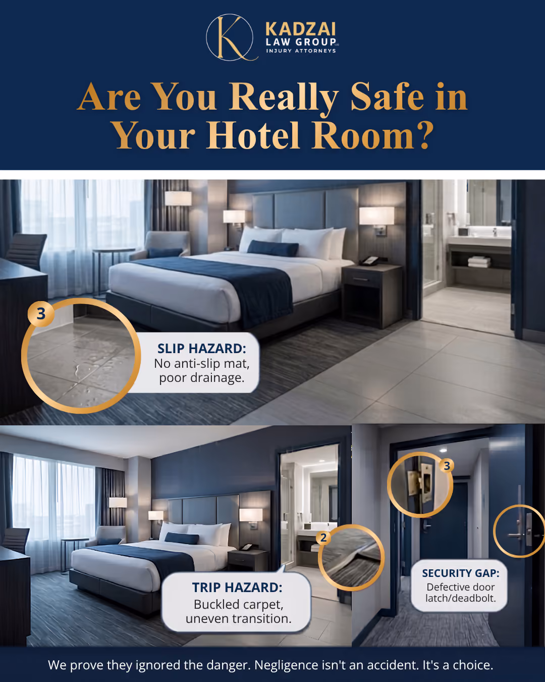 Kadzai Law Group injury attorneys logo with headline 'Are You Really Safe in Your Hotel Room?' Below are two photos of a hotel room highlighting hazards: wet floor without anti-slip mat marked as slip hazard, buckled carpet with uneven transition marked as trip hazard, and a defective door latch/deadbolt marked as security gap. Text at bottom states: 'We prove they ignored the danger. Negligence isn't an accident. It's a choice.'