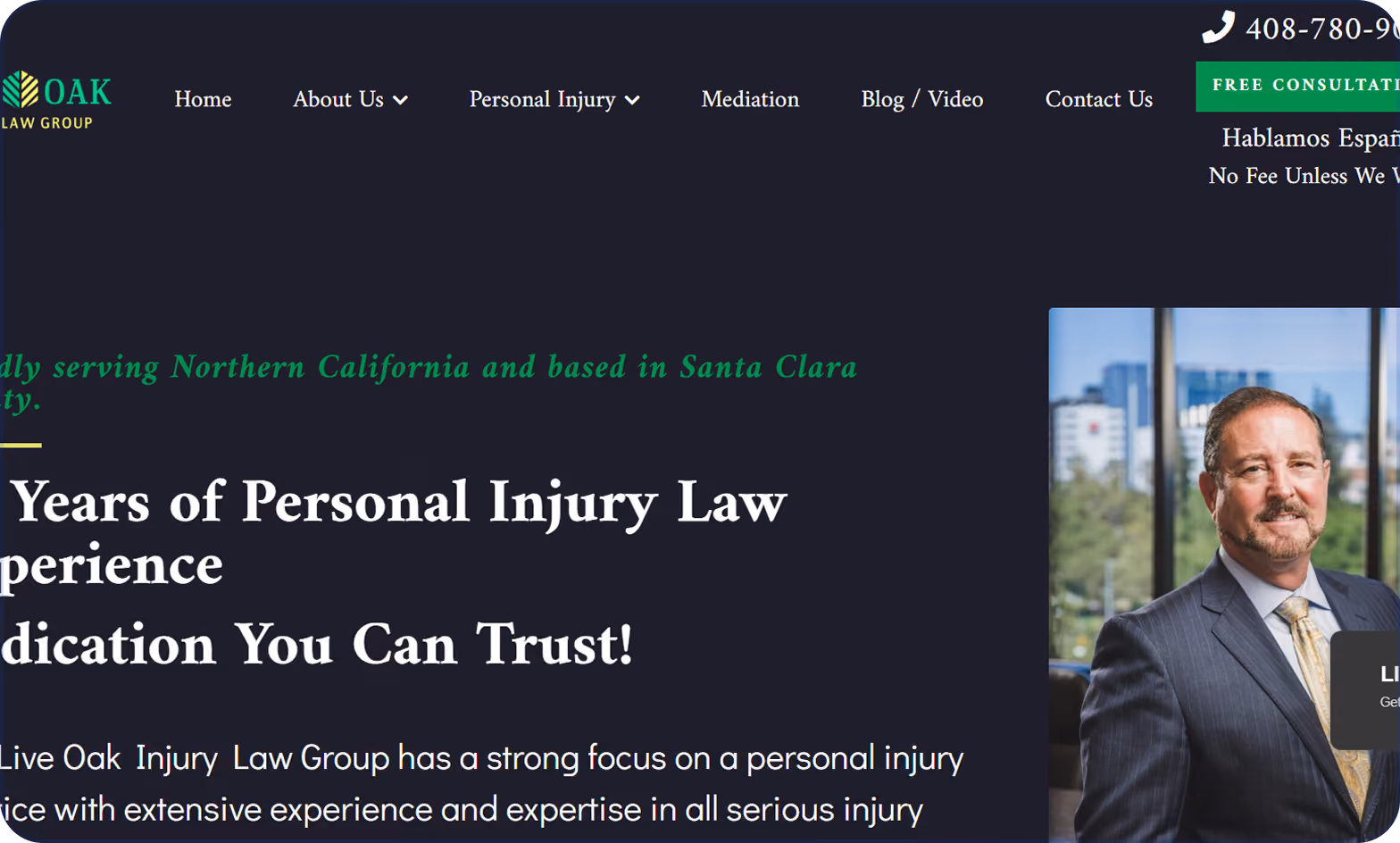 Website header for Live Oak Injury Law Group featuring navigation links Home, About Us, Personal Injury, Mediation, Blog/Video, Contact Us, and a 'Free Consultation' button, alongside a professional portrait of a man in a suit with a cityscape background.