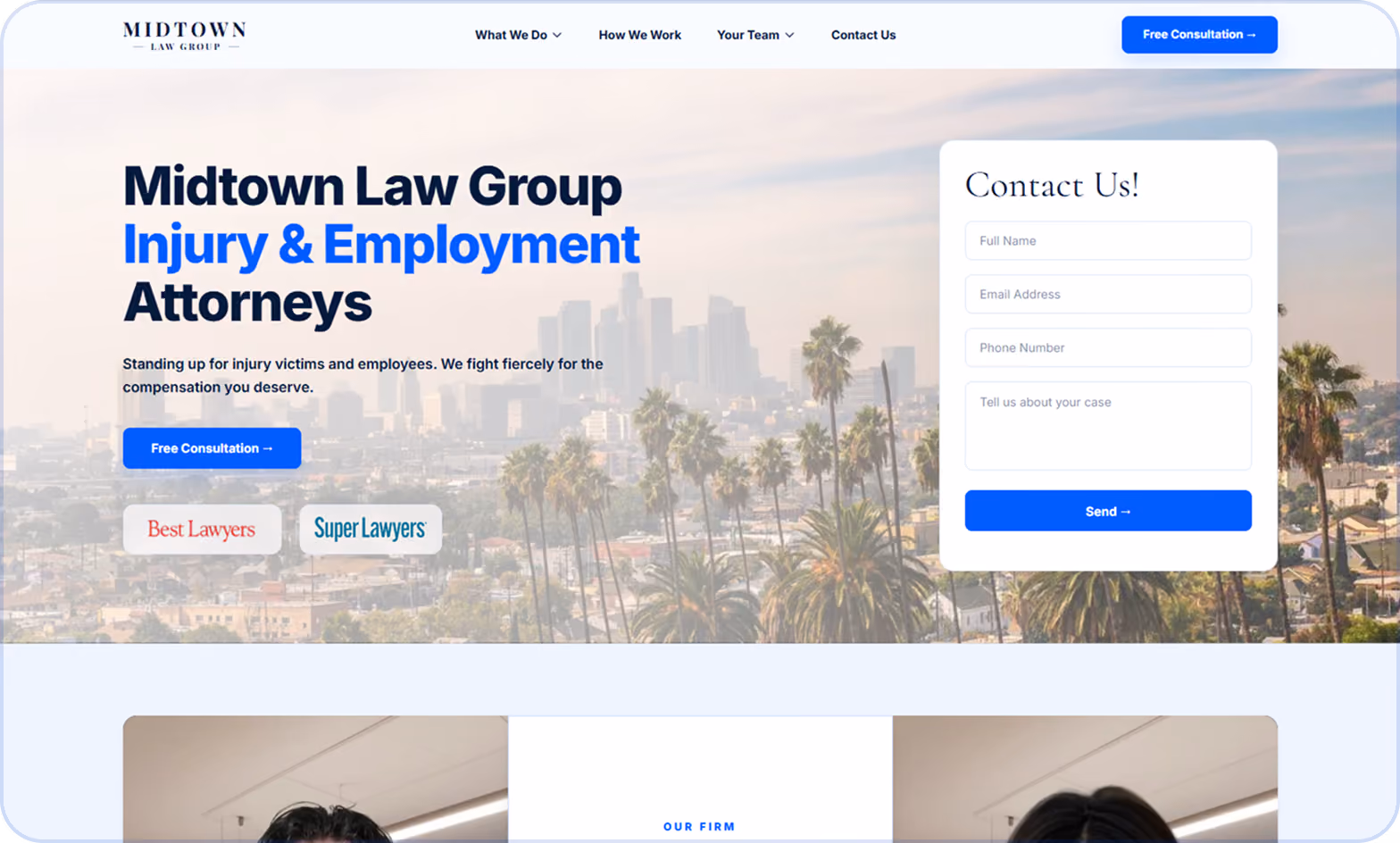 Homepage of Midtown Law Group website featuring injury and employment attorneys with a city skyline background, a contact form for name, email, phone, and case details, and buttons for free consultation, Best Lawyers, and Super Lawyers.
