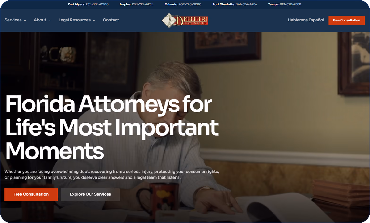 Website header showing a man reading a document at a desk with text 'Florida Attorneys for Life's Most Important Moments' and options for Free Consultation and Explore Our Services, with contact numbers for multiple Florida cities in the navigation bar.