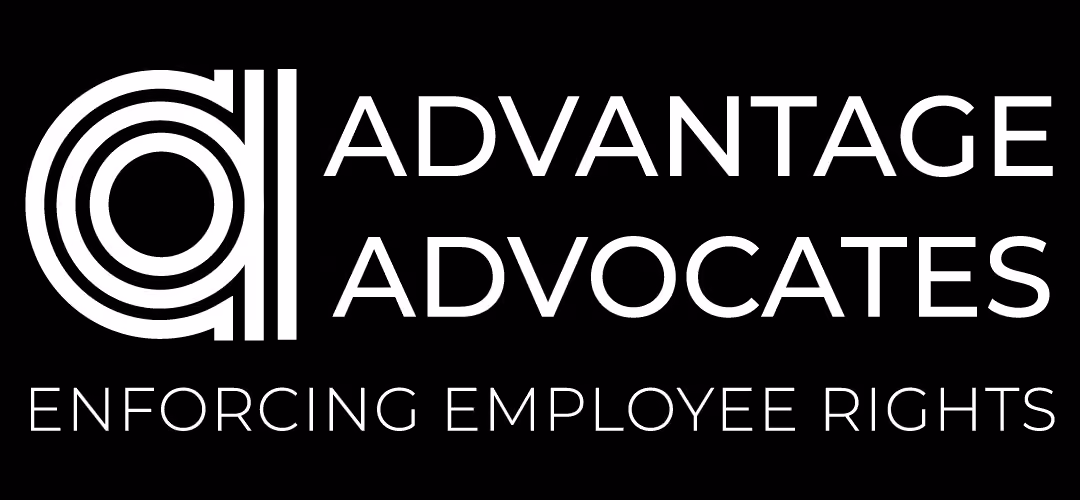 Logo of Advantage Advocates with stylized 'a' symbol and the tagline 'Enforcing Employee Rights' on a black background.
