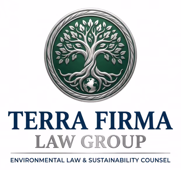 Logo of Terra Firma Law Group featuring a silver tree with spreading branches and roots encircling a globe on a green background, with text below stating Environmental Law & Sustainability Counsel.
