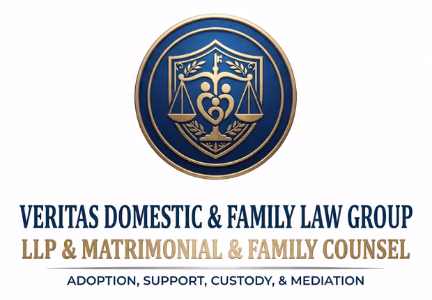 Logo with gold scales of justice and a heart intertwined with a key on a blue circular background above text reading 'Veritas Domestic & Family Law Group LLP & Matrimonial & Family Counsel' and 'Adoption, Support, Custody, & Mediation'.