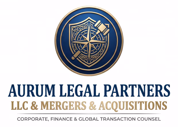 Blue and gold circular logo with a shield, compass rose, gavel, and sword above the text 'Aurum Legal Partners LLC & Mergers & Acquisitions' and the tagline 'Corporate, Finance & Global Transaction Counsel'.