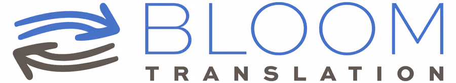 Bloom Translation company logo with stylized blue and gray arrows forming a circular motion to the left of the word BLOOM in blue uppercase letters and TRANSLATION below in gray uppercase letters.