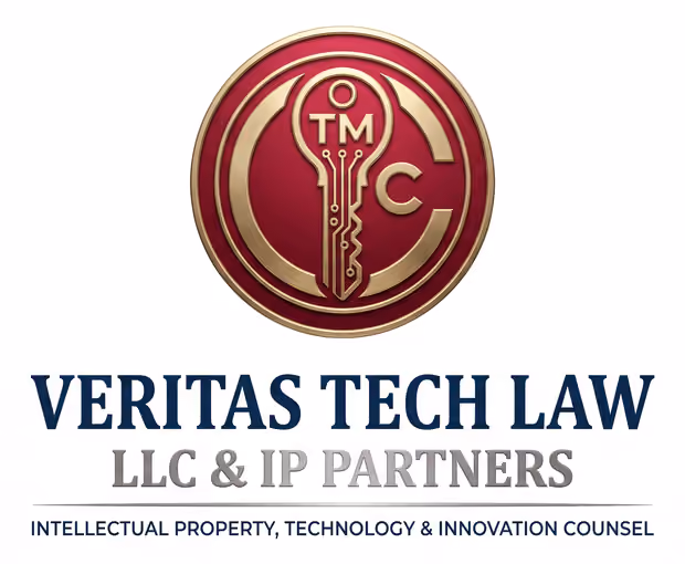 Logo with a gold key and letters TM inside a circular shape on a red background above the text 'VERITAS TECH LAW LLC & IP PARTNERS' and the tagline 'INTELLECTUAL PROPERTY, TECHNOLOGY & INNOVATION COUNSEL'.