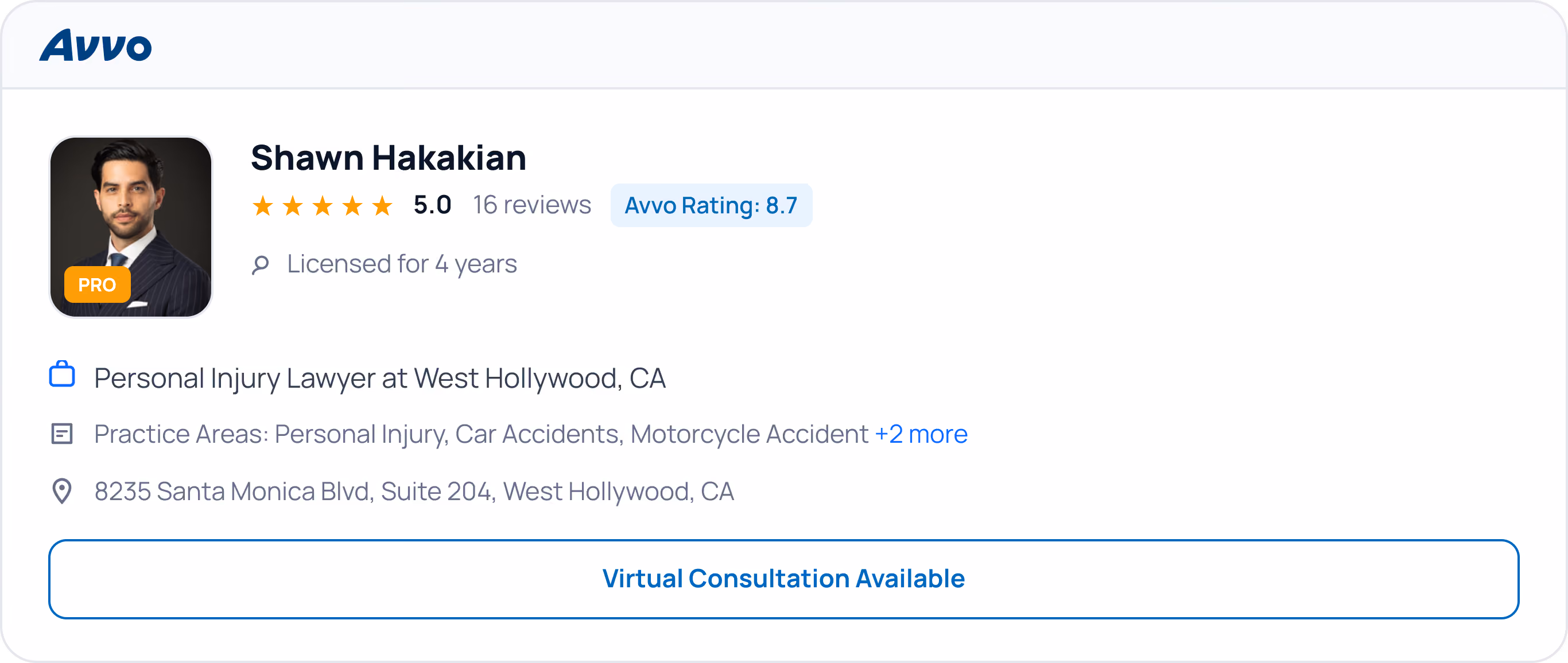 Avvo directory card showing Shawn Hakakian, a personal injury lawyer in West Hollywood, CA, with a 5.0 rating from 16 reviews and an Avvo rating of 8.7, licensed for 4 years, specializing in personal injury, car accidents, and motorcycle accidents, located at 8235 Santa Monica Blvd, Suite 204, offering virtual consultations.