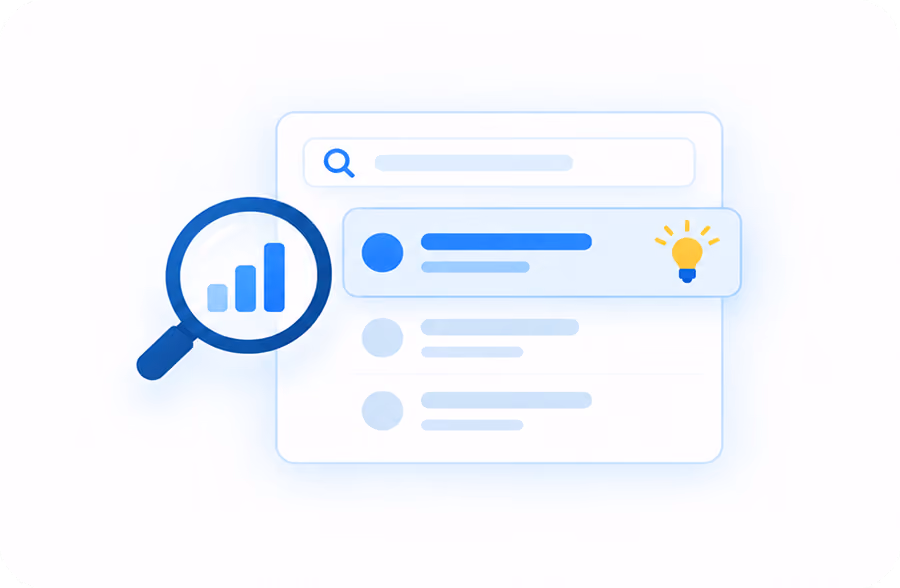 Browser window with a search bar, a magnifying glass showing a bar chart, and a highlighted search result with a light bulb icon indicating an idea or insight.