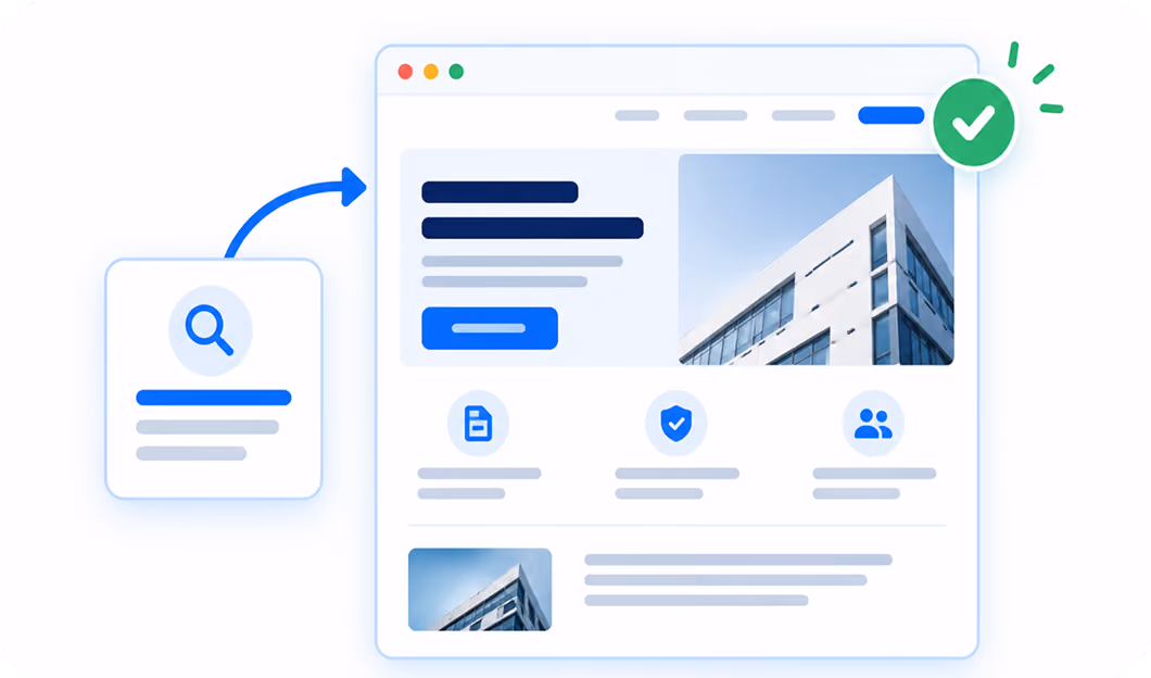 Illustration of a website search process showing a search icon linked by an arrow to a webpage mockup displaying a modern building image, text blocks, icons for documents, security, and users, and a green check mark indicating success.