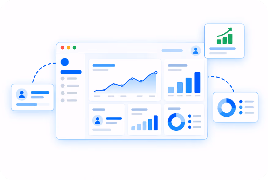 Illustration of a digital dashboard layout with a navigation sidebar, line graph, bar charts, and pie charts, highlighted boxes showing user profiles and growth metrics connected around it.