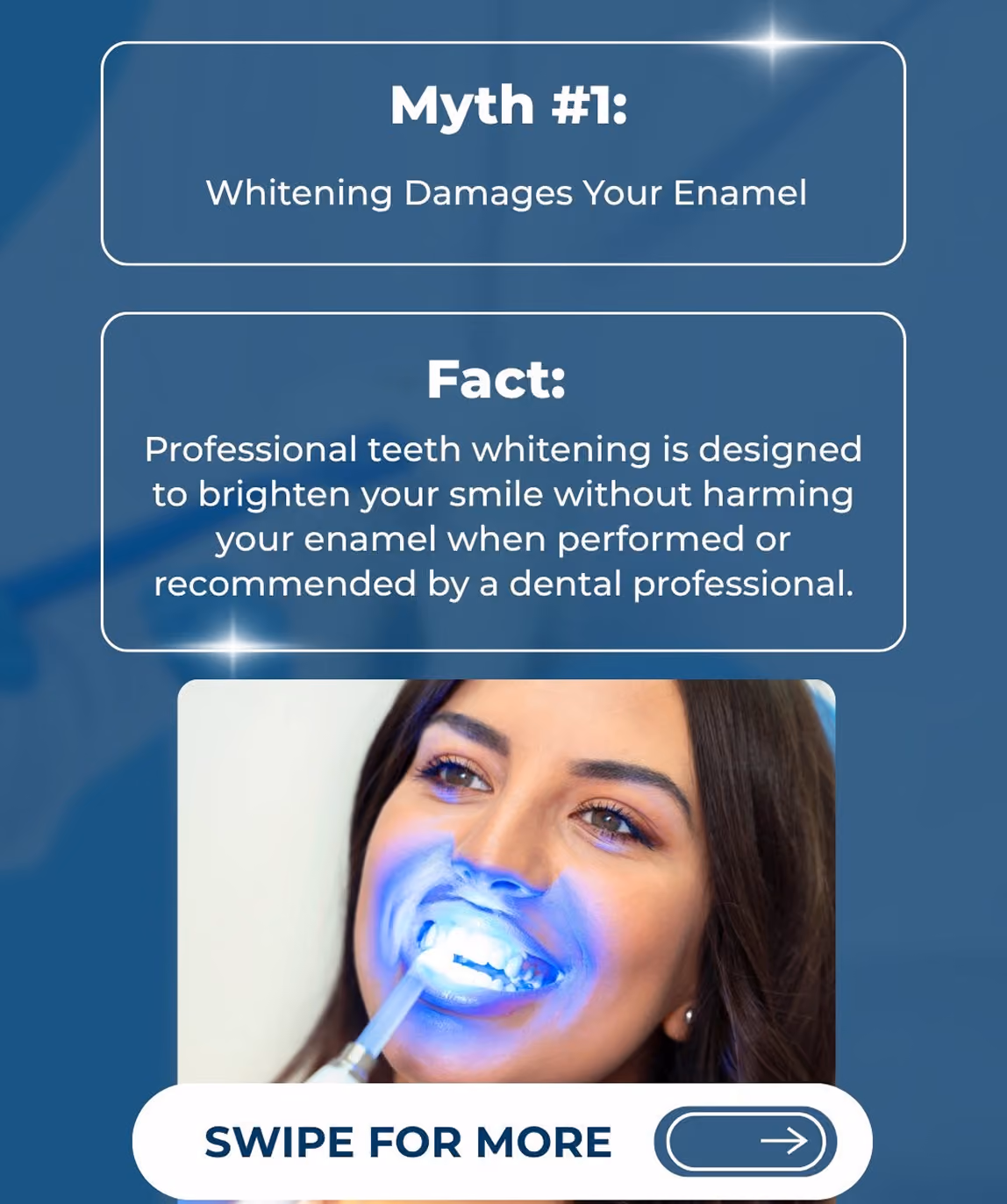Text debunking myth about teeth whitening damaging enamel with fact explaining professional whitening is safe when done by dental professionals, accompanied by a photo of a smiling woman receiving a dental teeth whitening treatment with a blue light device in her mouth, and a 'Swipe for more' call to action.
