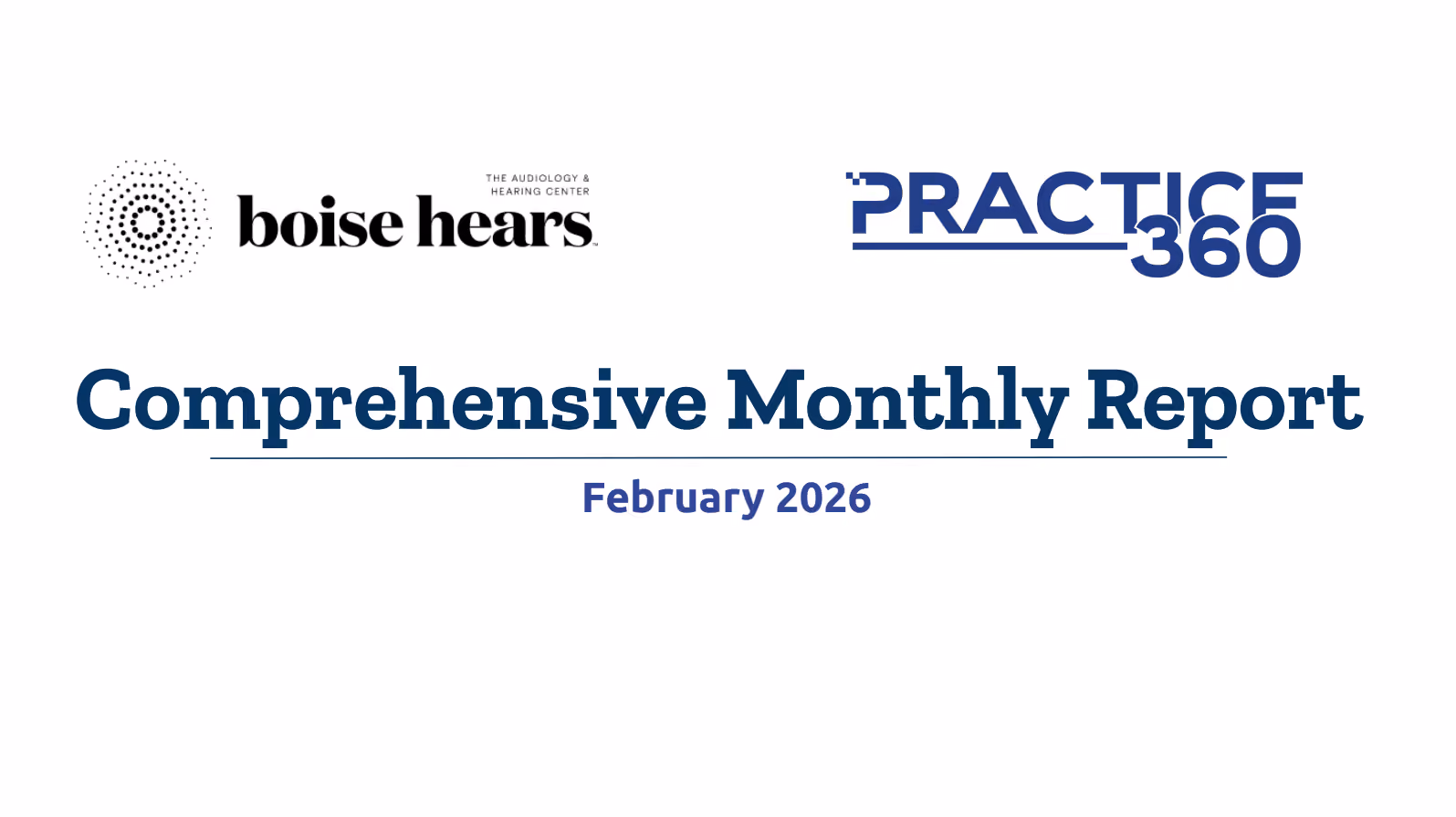 Logos of Boise Hears Audiology & Hearing Center and Practice 360 above the bold title Comprehensive Monthly Report with the date February 2026 below it on a white background.
