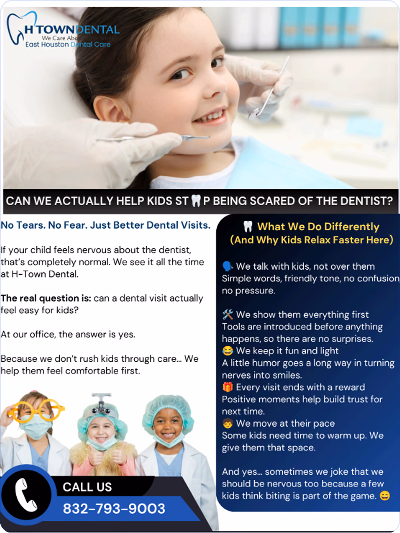 Smiling woman pointing to her teeth next to H-Town Dental logo and text listing locations: East Houston, Gulfgate, Hillcroft, Channelview, with a message to schedule an appointment at the most convenient location.