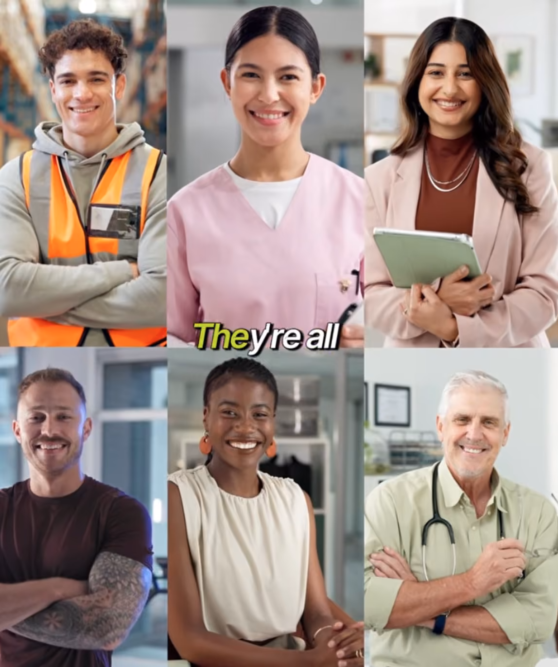 Collage of six smiling professionals in diverse roles: a man in an orange safety vest, a woman in pink medical scrubs, a woman in a beige blazer holding a tablet, a man with a tattooed arm and casual attire, a woman in a white sleeveless top, and a man with a stethoscope in a light green shirt.