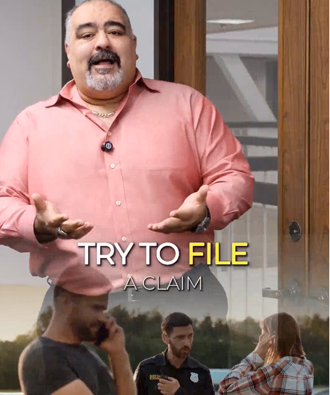 Man in a pink shirt speaking with text overlay saying 'TRY TO FILE A CLAIM,' with a reflection below showing a man talking on phone and two police officers talking to a woman outdoors.