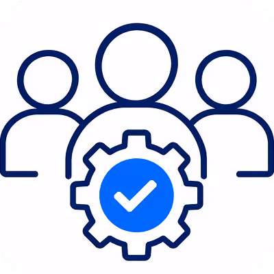 Icon of three outlined figures representing people with a blue gear and check mark symbol in front, indicating verified or managed group.