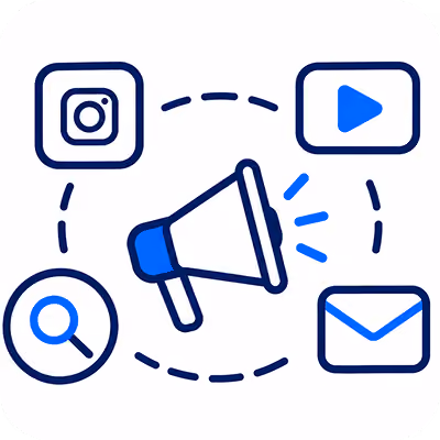 Central megaphone icon surrounded by dashed circle connecting four icons: Instagram, video play button, magnifying glass, and envelope.