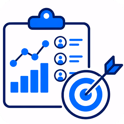 Clipboard with a line graph and bar chart, alongside icons representing three people and a bullseye target with an arrow hitting the center, symbolizing reporting and goal achievement.