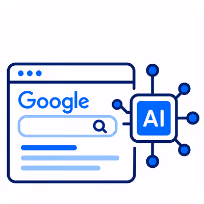 Illustration of a Google search browser window with a search bar and blue text lines, connected to a blue square chip labeled AI with nodes extending outward, representing Google AI technology.