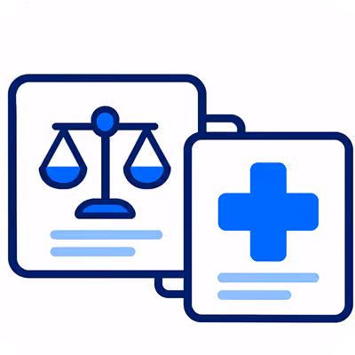 Two connected cards, one with a blue justice scale icon representing legal matters, the other with a blue medical cross symbol, indicating medical topics.