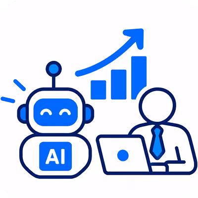 Illustration of a smiling robot labeled AI next to a person in a tie working on a laptop, with a rising bar chart and arrow above them indicating growth or progress.