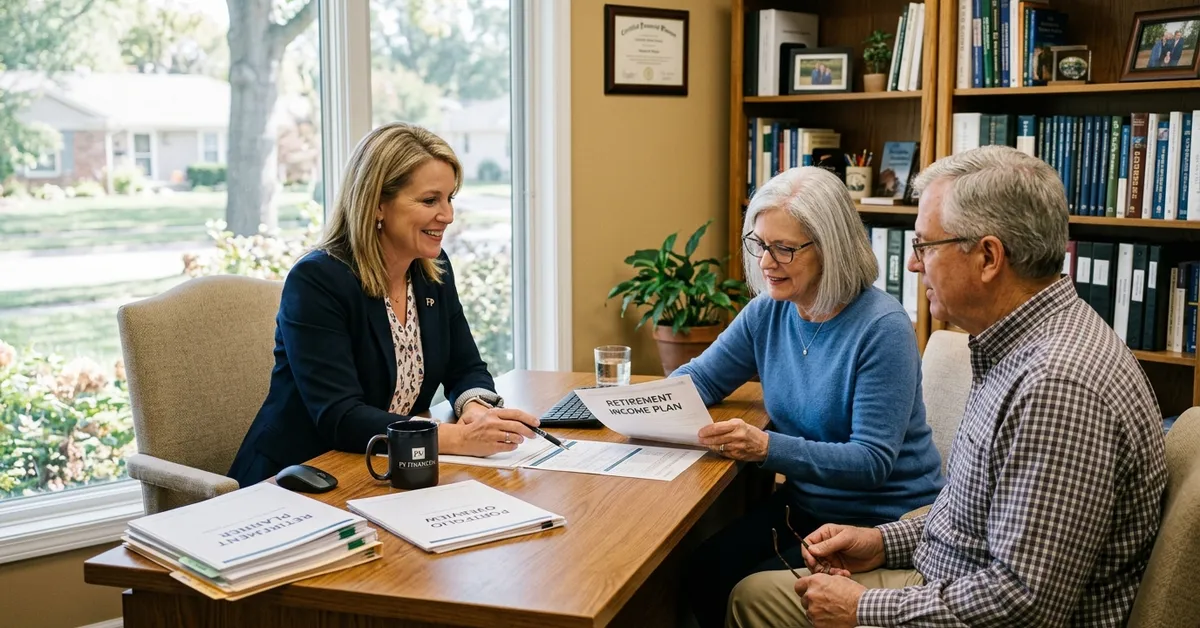 A financial advisor reviewing a retirement plan with an older couple in a home office