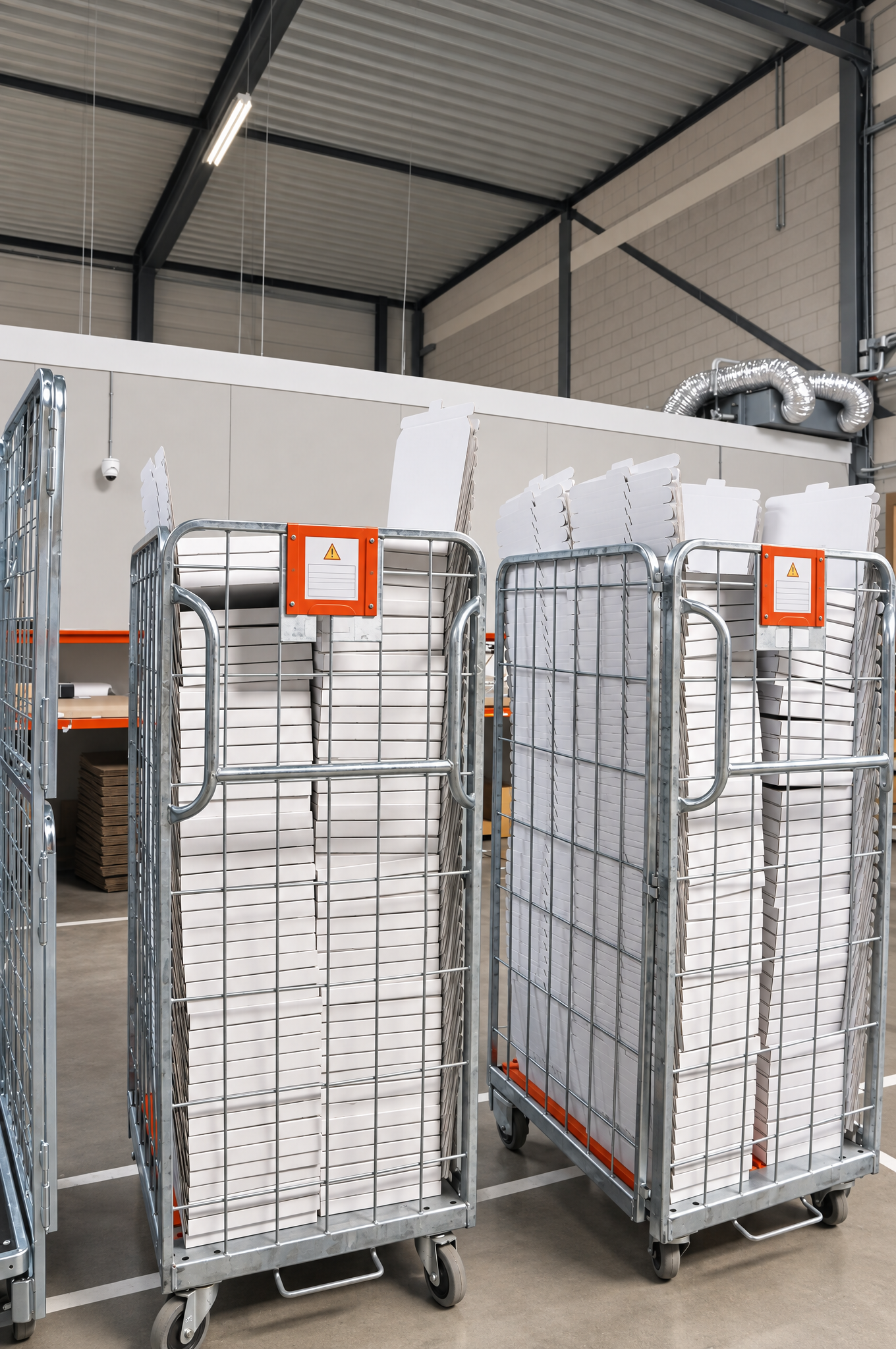 Rolcontainers met verpakkingsmateriaal in het magazijn