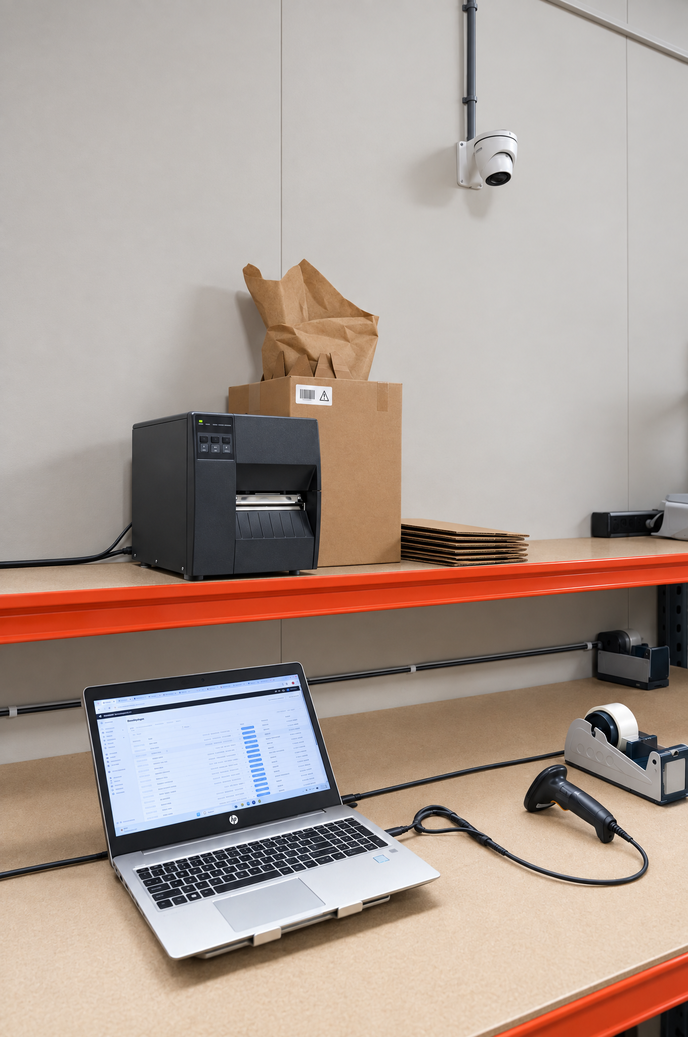 Inpakstation met labelprinter, scanner en Ecomship-portaal