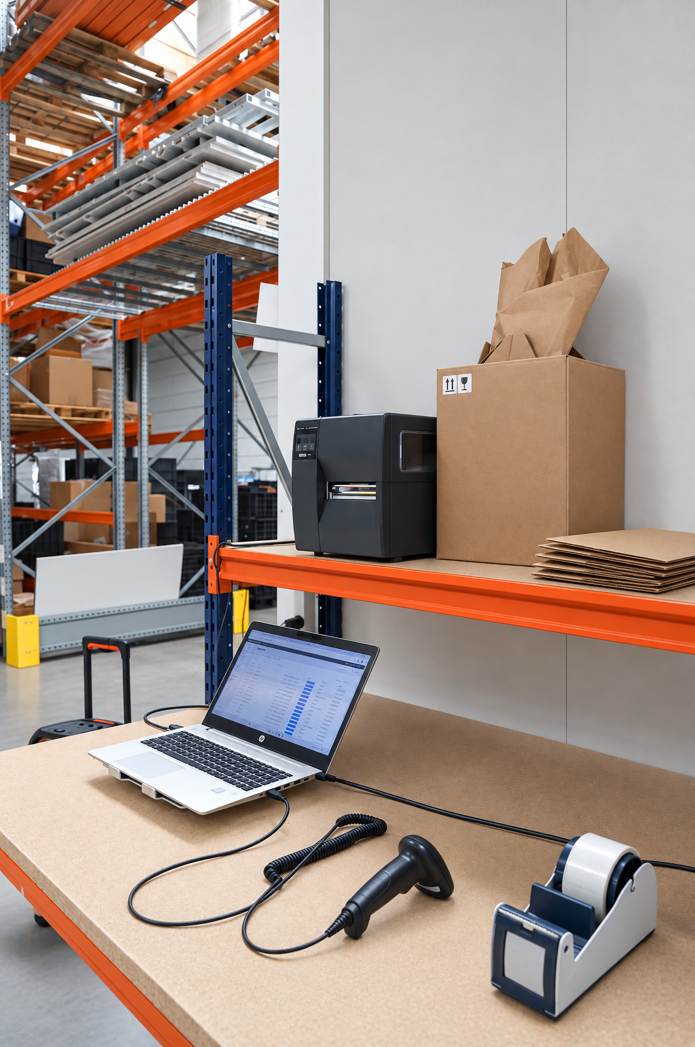 Inpakstation met zicht op de magazijnstellingen