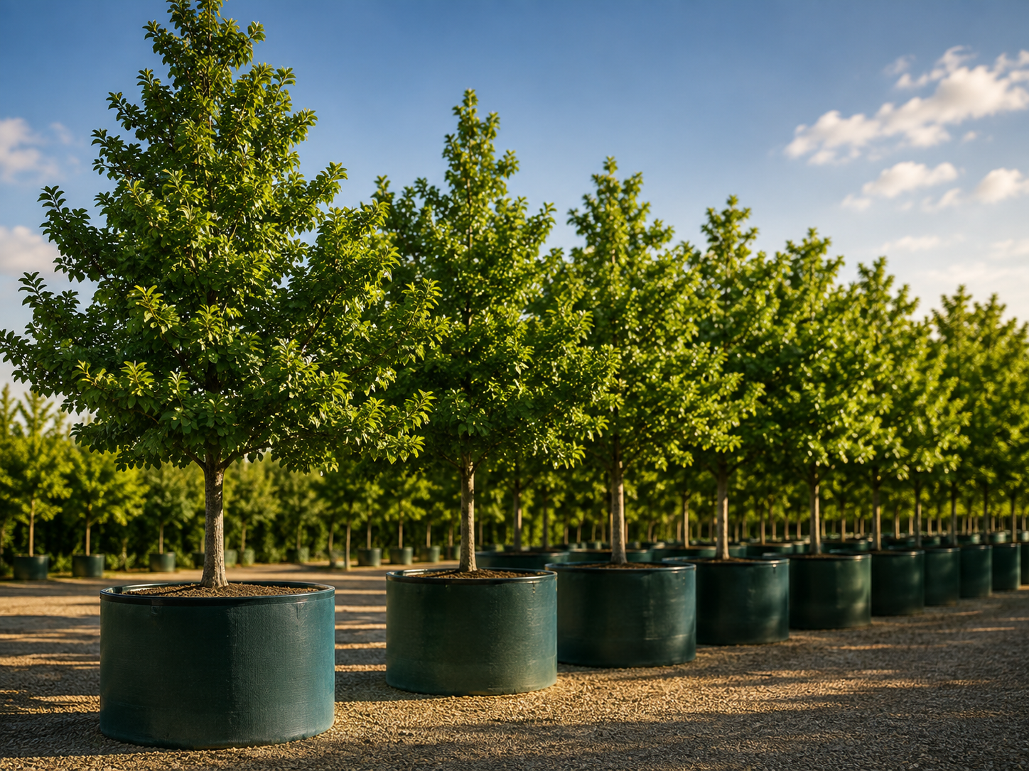Row of Shumard Red Oak trees in 48in containers grown by a specialized Texas farm