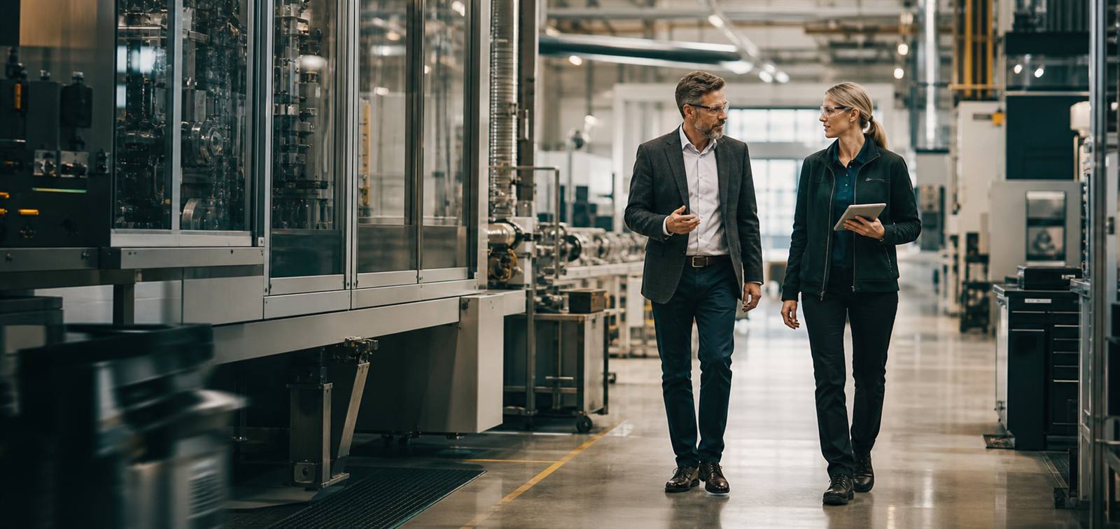 Manufacturing leader walking through an advanced production facility